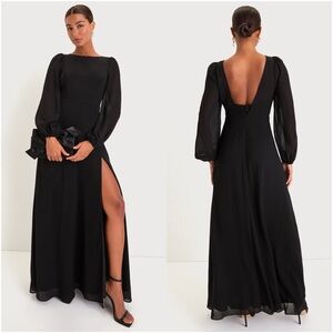 LULU’S Prestigious Poise Black Backless Balloon Sleeve Maxi Dress